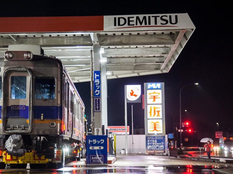 Train makes surprising stop at gas station in Japan