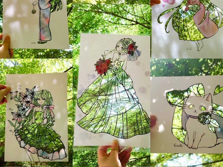 Traditional Japanese paper cutting artist uses changing scenery to beautifully paint her work with colors of nature