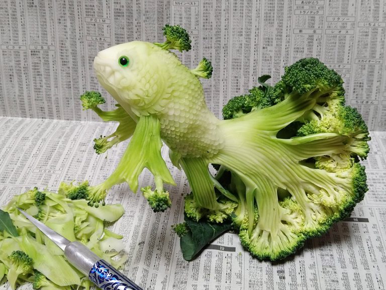 Japanese fruit and veggie carving artist turns broccoli into epic fish sculpture