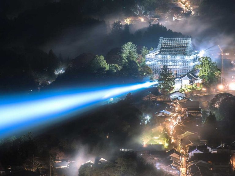 Giant beam of light shooting from temple in Japan makes for stunning scene