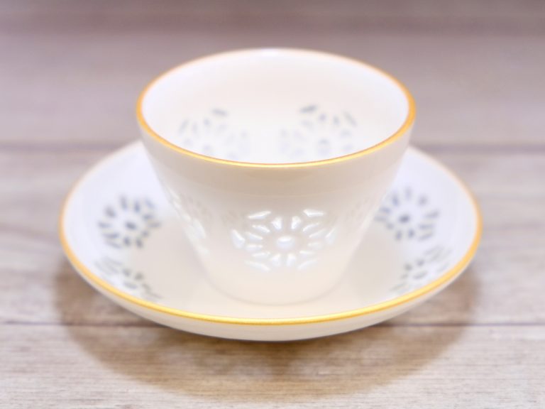These Japanese cups, saucers, and sake pitchers have beautiful translucent patterned designs