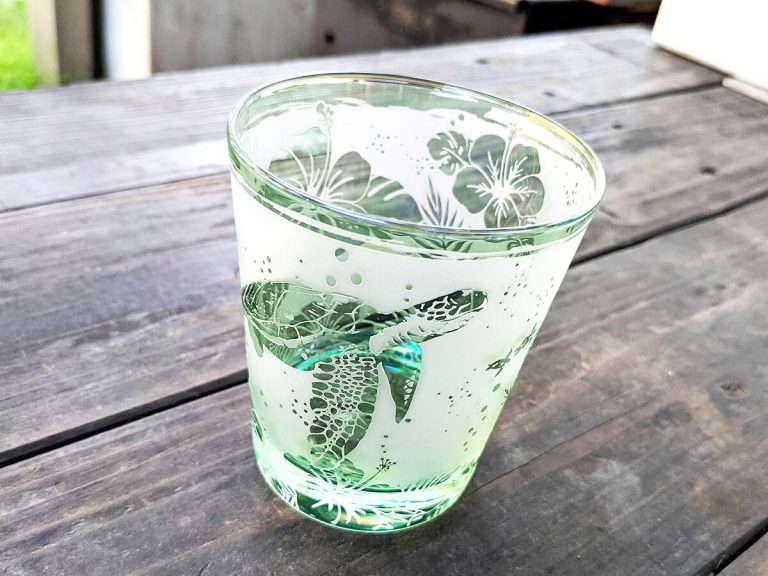 Feel the tropical sea breeze with these charming sea turtle and hibiscus glasses from Japan