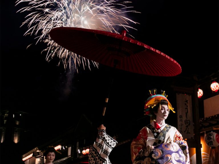 A rare event: Oiran Courtesans take to the streets under fireworks at Edo Wonderland this Saturday