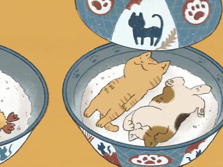 Cats sleeping on their backs become adorable rice bowl dishes in Japanese illustrator’s GIF art