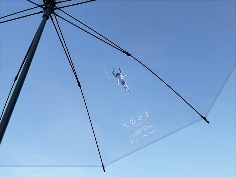 Japanese service lends “Weathering with You” clear umbrellas with Hina floating in the sky