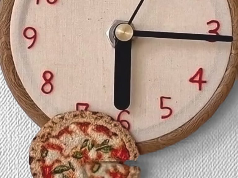 Artist’s embroidered pizza clock tempts you with gooey cheese pendulum action