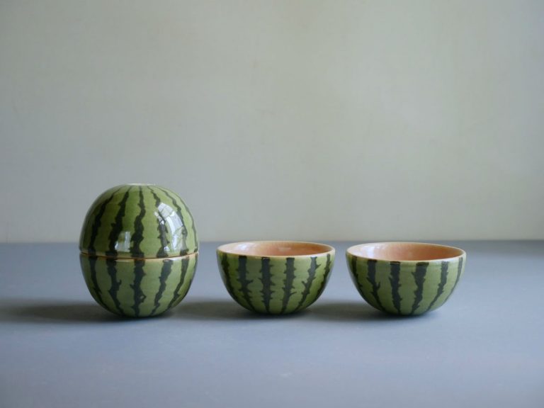 Japanese potter crafts adorable watermelon sake set cups