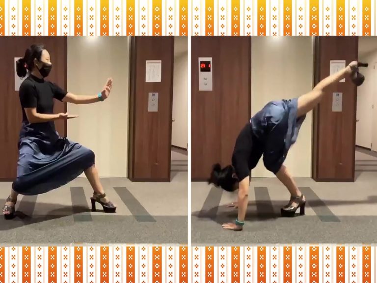 Japanese martial artist demonstrates a powerful kick you can even do in a skirt and heels