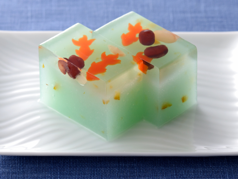 Japanese traditional sweets depicting swimming goldfish in a cooling summer scene are too pretty to eat