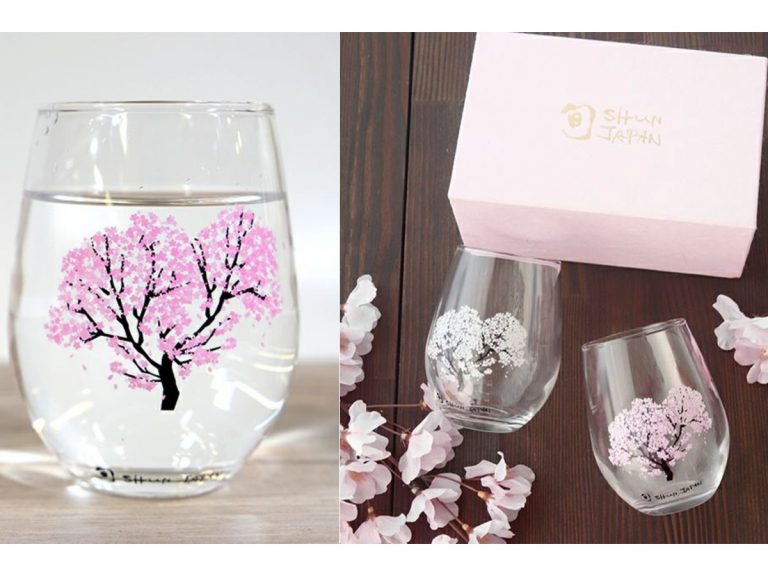 Color changing cherry blossom drinking glasses show full bloom sakura when filled