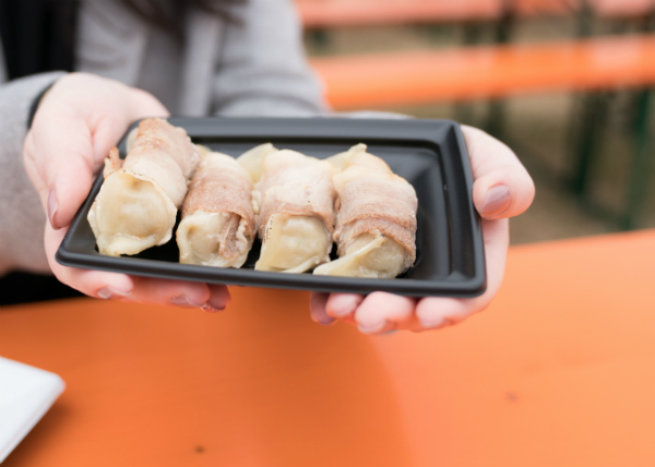Meat wrapped gyoza at festival in Tokyo
