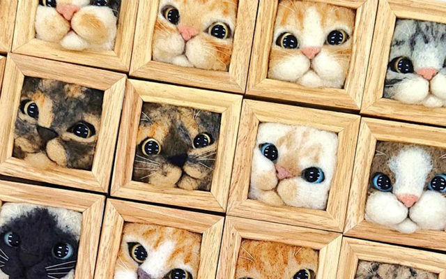 Felt artist packs adorably realistic cat heads into furry “cat frame” portraits