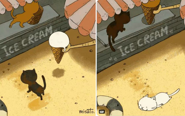 Japanese illustrator’s adorable GIF art shows how cats perfectly fit into everything as melting ice cream cones