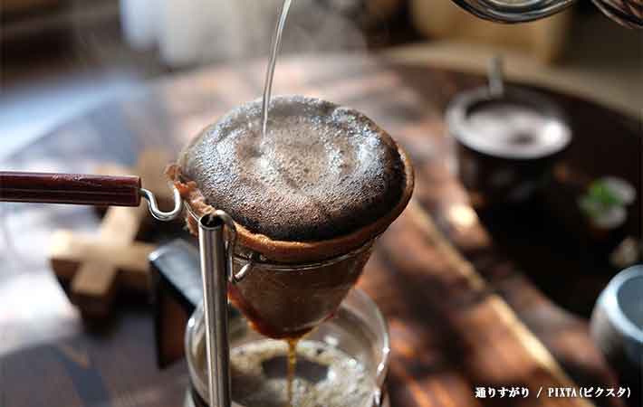 コーヒーの粉の入ったコーヒーフィルターにお湯を注いでいる写真