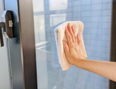 窓ガラスをタオルで拭いている女性の手