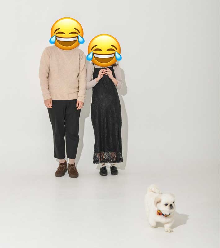 写真館で撮影する犬と飼い主の写真