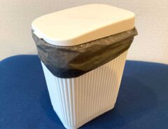 『蓋付きロールゴミ袋用ゴミ箱』と『携帯ポリ袋　取り換え用カートリッジ』の写真