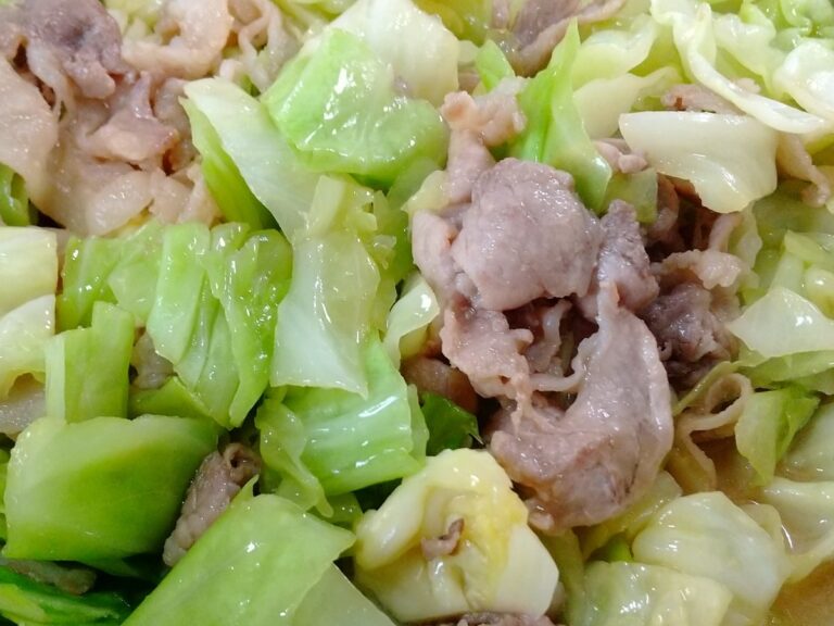 豚肉とキャベツの炒め物の接写