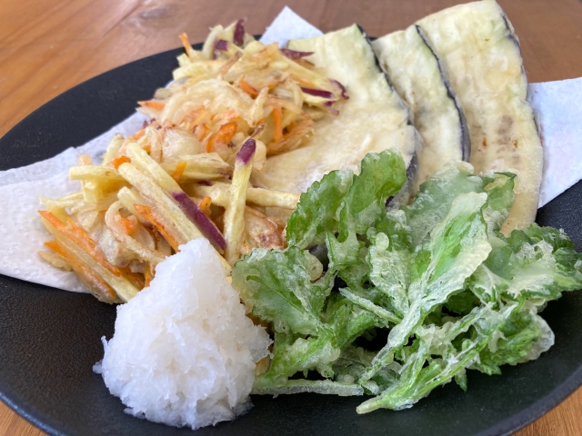 野菜の天ぷら６・なす・かき揚げ・大根の葉