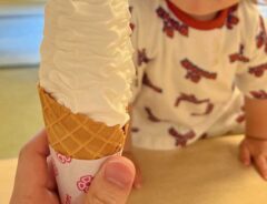 ソフトクリームを狙う子供の写真
