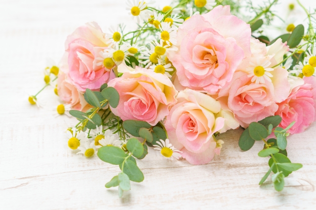 ピンクのバラとカモミールの花の背景の画像