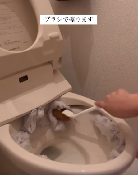 掃除ブラシで便器裏をこする様子