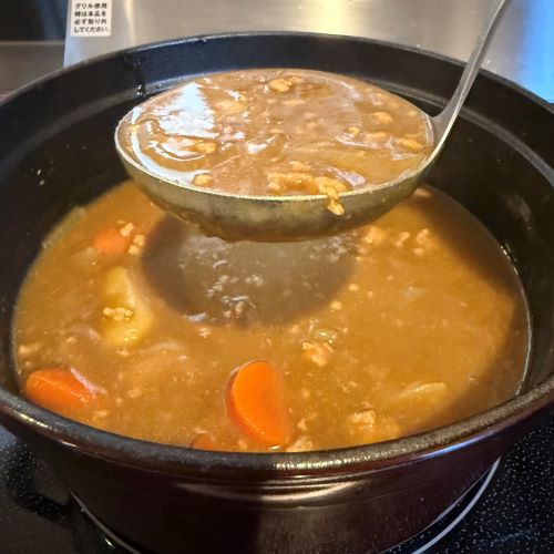 鍋に入ったカレーをおたまですくって持ち上げた様子