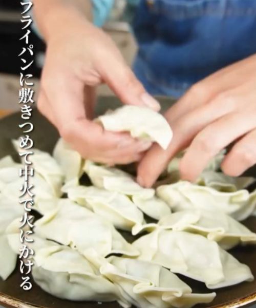 フライパンに作った餃子を敷き詰める様子