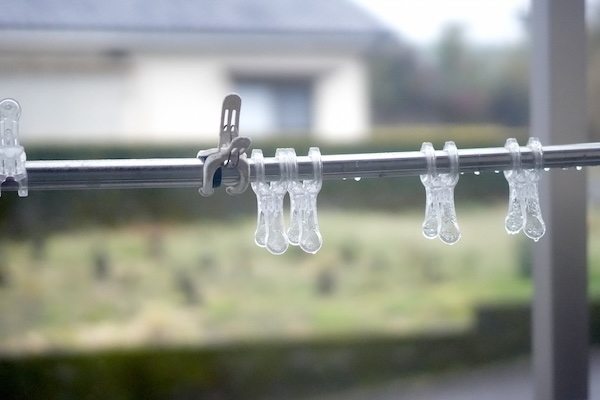 雨の中洗濯バサミが放置されている様子