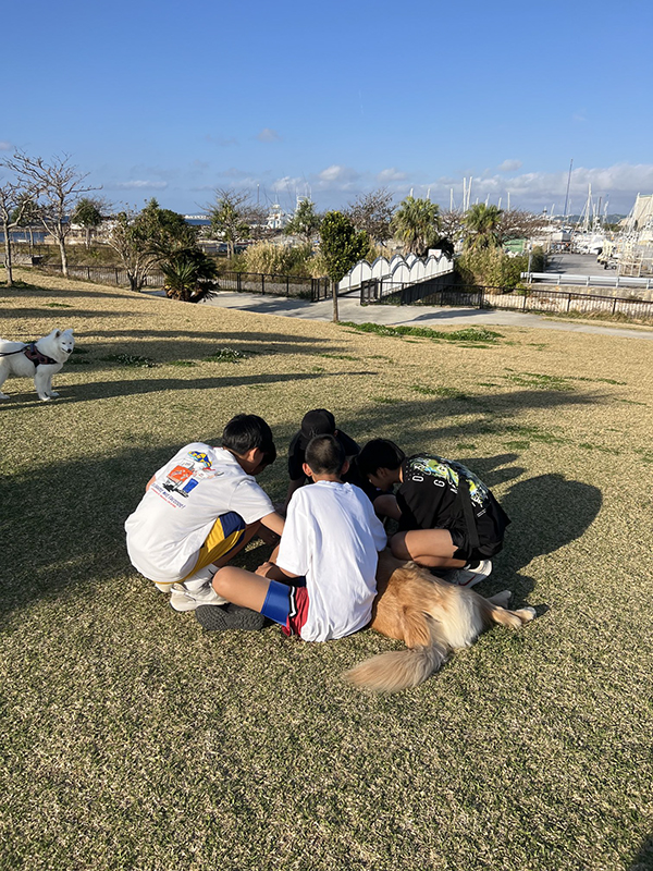 中学生と犬の写真