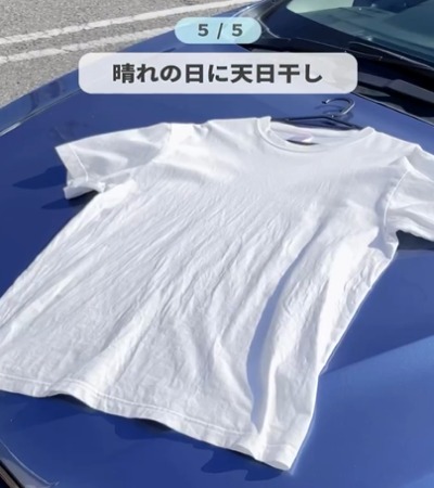 Tシャツを天日干ししている様子