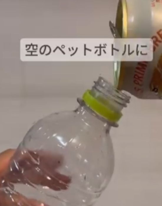 空のペットボトルに缶ビールを注ぐ様子