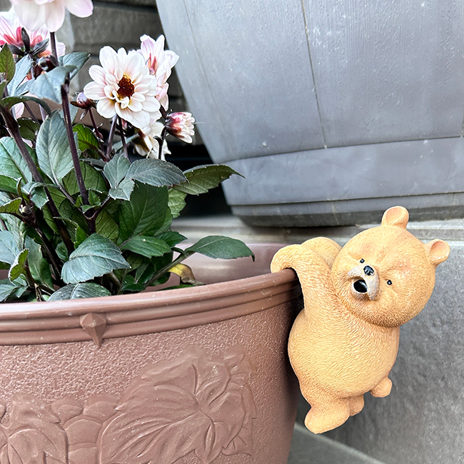 ガーデニングとクマの置物