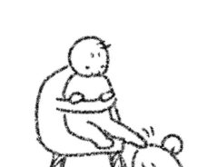床に落ちた離乳食を片付ける母親の頭を、足でなでる赤ちゃんのイラスト