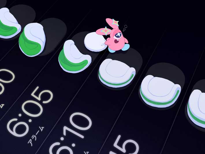 ５分後の位置にセットされた布団に移動するキャラクター