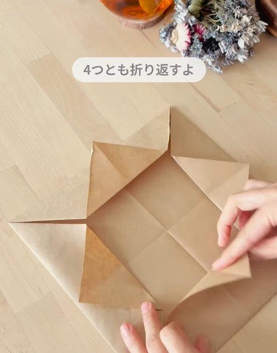 中心から外側の辺へ向かって折り返す