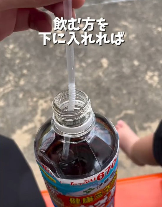 逆さまにしたストローをペットボトルに入れている様子