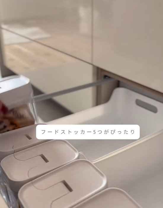 ダイソーの『密封フードストッカー（クリア、７００㎖）』を入れている様子