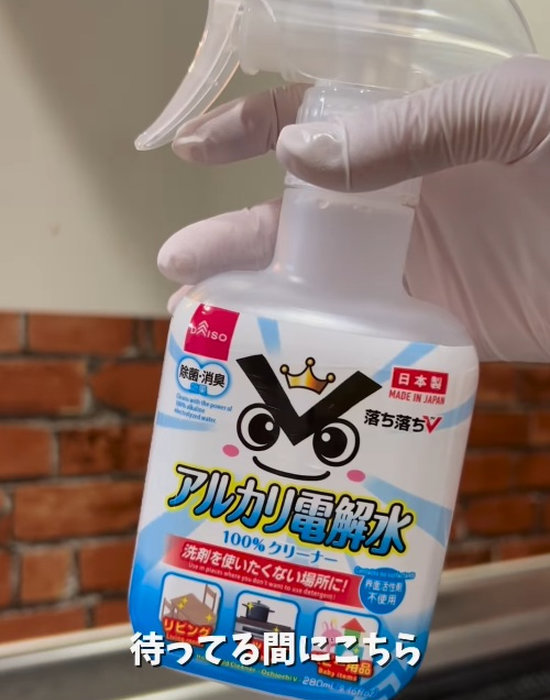 ダイソーのアルカリ電解水を手にしている様子