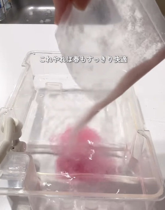 ダイソーの『氷ｃｌｅａｎ（自動製氷機洗浄剤）３回分』を給水タンクに入れる様子