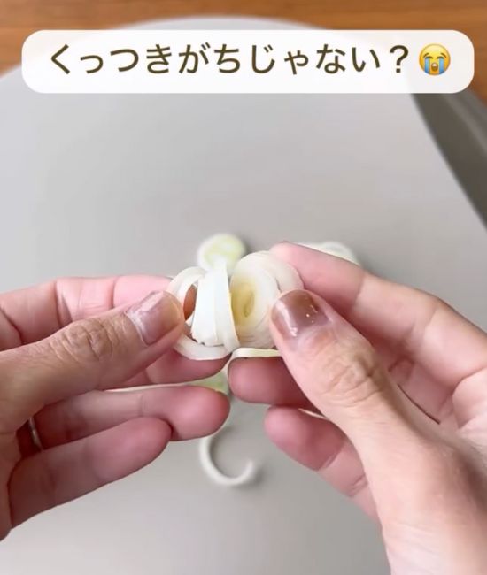 輪切りにした白ネギがつながっている様子