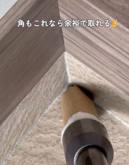 玄関の隅のゴミをトイレットペーパーの芯を付けた掃除機で吸い取る様子