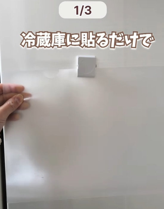 クリアファイルをマグネットではさんで冷蔵に貼った様子
