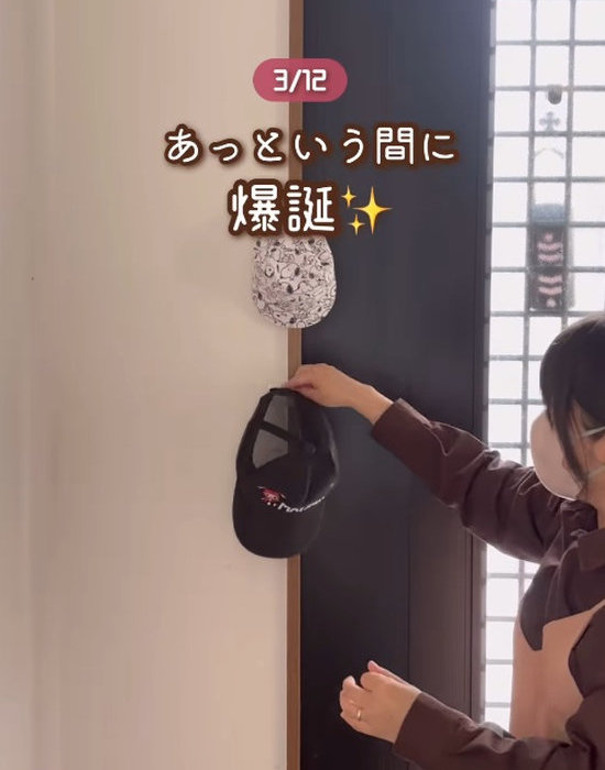 玄関に取り付けたかもいフックに帽子をかけている様子