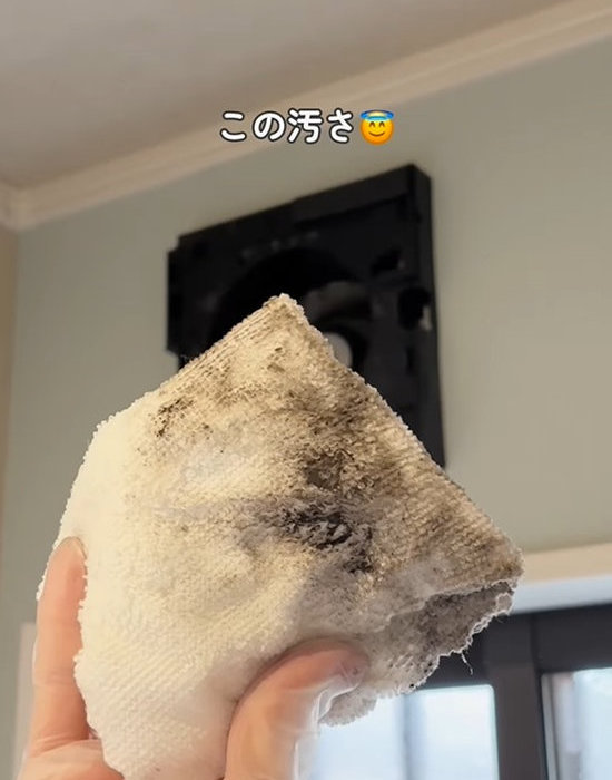 汚れた雑巾を手にしている様子