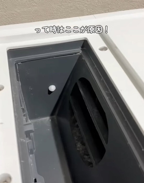 洗濯機の乾燥フィルターを取り外した様子