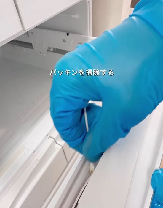野菜室のパッキン部分を綿棒で掃除する様子