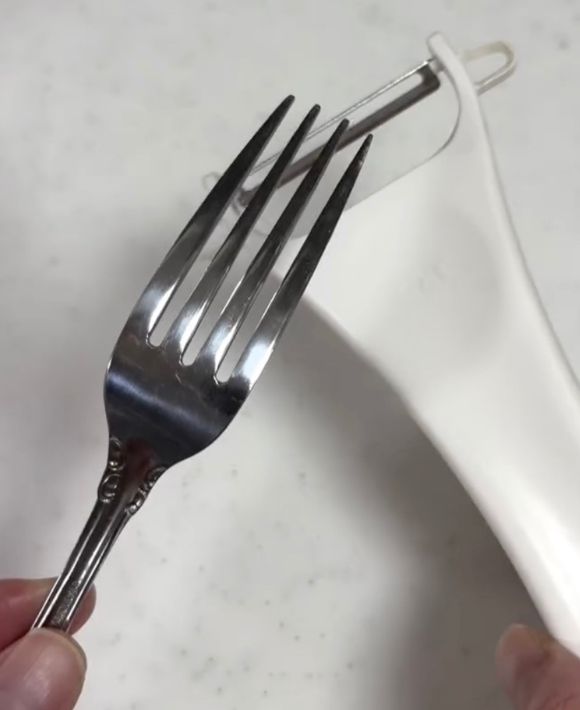 ピーラーとフォークを手に持っている様子