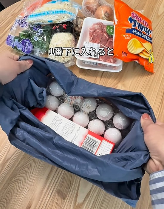 エコバッグに卵と牛乳パックが入っている様子