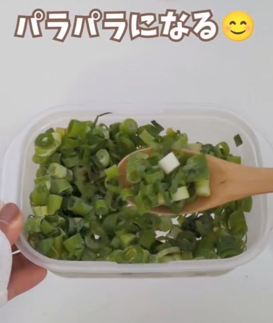 保存容器に入れて冷凍した小口切りのネギを木製スプーンですくい上げた様子